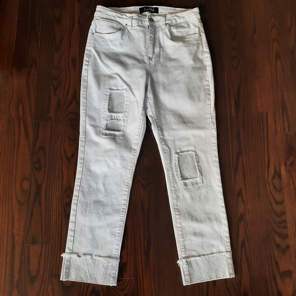 White Distressed Jeans with Cuffed Hem And Rhinestones